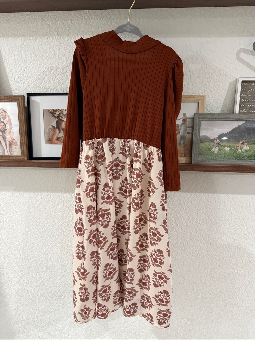Joyfolie Rust Brown Top with Cream and Brown Floral Skirt Kids Dress